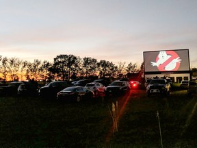 Vehicles park at The Boonies Drive-In Theatre in Tilbury for a film screening in October 2019. (Handout/Postmedia Network)