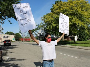 Michael Whitstone protests near the Chatham-Kent police station in Wallaceburg on June 4. He joined those from all over the world protesting police brutality and systemic racism following the death of George Floyd.