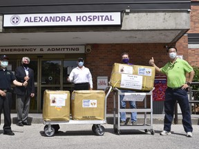 Alexandra Hospital in Ingersoll accepted a donation of personal protective equipment from the Taiwanese Canadian Association in honour of the legacy of George LeslieMacKay. MacKay was a Presbyterian missionary to Taiwan in 1871. Pictured are Edward Chung of the Canadian Mackay Committee, MP Dave MacKenzie, Ingersoll Mayor Ted Comiskey, Zorra Mayor Marcus Ryan and Y-S Columbus Leo with the Taiwanese Canadian Association. (Kathleen Saylors, Woodstock Sentinel-Review)