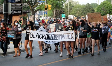 Hundreds of people participate in the Chatham-Kent Supports: Black Lives Matter march Friday, June 5, 2020, in downtown Chatham, Ont. Local organizers billed the event as a call to action to show support for Americans who are protesting police brutality against black people, prompted by the high-profile death of George Floyd, who died after a Minneapolis police officer knelt on his neck for nearly nine minutes. The event was organized to shed light on anti-black racism that exists in Canada. Ellwood Shreve/Chatham Daily News/Postmedia Network