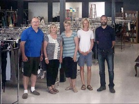 The Chatham Christian School has opened a thrift store called newLIFE at 202 Queen St. in Chatham. Shown here, from left, are volunteers George Flikweert, Faye Vankesteren, Marg Pilon, Erin Smids and principal Ken VanMinnen.