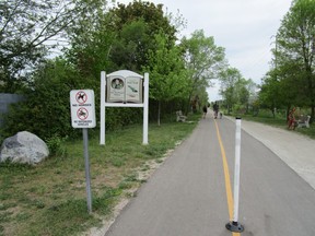 A section of the Saugeen Rail Trail from 10th Concession to the River Street Train Station has been named the ‘Jane MacDougall Path’ in honour of the trail booster, now in a Southampton care home, who donated $75,000 to help pave a 1.5-mile trail section last year. A sign in her honour was erected May 31 at the trail’s River St. entrance.