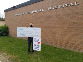 Rotary Club of Port Elgin president Steve Dennison delivered a $12,500 cheque to Saugeen Memorial Hospital Foundation  June 3 in Southampton.  The  donation included $2,500 raised by the Rotary Club of Port Elgin's Mother's Day online/ televised fundraiser, and $10,000 as the second of three pledges for an MRI fundraising campaign.