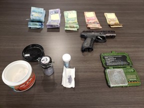 Police seized a replica handgun, $16,000 worth of fentanyl and crystal meth, and more than $1,500 in cash during an arrest on Saturday in Sturgeon Falls.