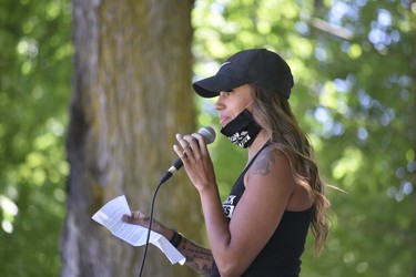 Jessica Hoffstetter, one of the organizers of Woodstock’s Black Lives Matter protest, spoke about experiencing racism growing up in Woodstock.  (Kathleen Saylors/Woodstock-Sentinel-Review)