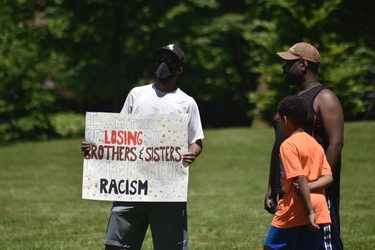 Protesters gathered in Woodstock’s Victoria Park on Sunday for a Black Lives Matter protest. (Kathleen Saylors/Woodstock-Sentinel-Review)