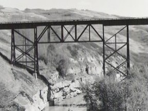 The 600-foot long, 140-foot high steel trestle has spanned the North Heart River since its completion in 1916. Thats 104 years of carrying locomotives, powered initially by steam, currently by diesel, pulling trains with all manner of freight and   livestock. However, passenger trains ceased operation in the early 1960s.