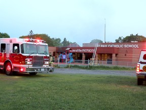 Sault Ste. Marie Fire Services investigates fire at St. Paul Catholic elementary school, 78 Dablon St., in Sault Ste. Marie, Ont., on Tuesday, June 9, 2020. (BRIAN KELLY/THE SAULT STAR/POSTMEDIA NETWORK)