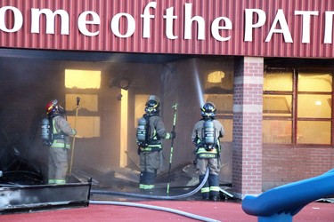 Sault Ste. Marie Fire Services investigates fire at St. Paul Catholic elementary school, 78 Dablon St., in Sault Ste. Marie, Ont., on Tuesday, June 9, 2020. (BRIAN KELLY/THE SAULT STAR/POSTMEDIA NETWORK)