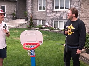 In this screen capture from the first episode of the Five Summer Series, Sudbury Five media producer Branden Scott, right, chats with viral trick-shot sensation Ryan Pawlowski.