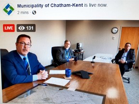 Chatham-Kent Mayor Darrin Canniff (left), medical officer of health Dr. David Colby (middle) and chief administrative officer Don Shropshire during a livestream on Chatham-Kent's Facebook page on March 24. File photo/Postmedia Network