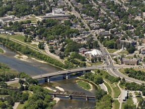 A view of the Grand River running through Brantford's core. At top is the Lorne Bridge, while two former railway bridges have been repurposed into pedestrian bridges. All the spans are part of study. Expositor file photo