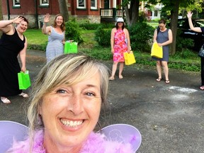 Head of the Gananoque Wine Fairies, Jackie Theriault, and a few of the generous members who came out to donate food and funds to the Gananoque Food Bank on June 5. The Fairies collected a garage full of food and $120 cash for the organization. Front, Jackie Theriault, l-r rear, fellow Fairies Christal Amo, Adrienne Styles, Chantelle Marie, Jacinda Perreault and Sarah Baker   
Supplied by Jackie Theriault