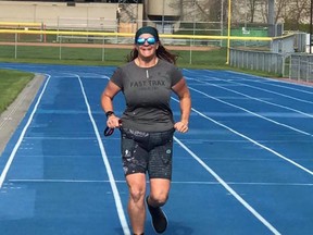 Sherwood Park's Laura Townsend recently ran 83 miles (134 kilometers) in 24 hours on the 400m track at SAP in support of the Saffron Sexual Assault Centre's Consent Event. Photo courtesy Glenda Sheard