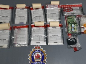 Brantford police said they seized cocaine, fentanyl, brass knuckles and Canadian currency after they stopped a car on Memorial Drive on Wednesday. Submitted