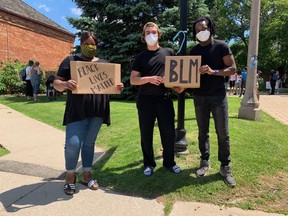 Around 30 people were out showing support for the Black Lives Matter movement in downtown Simcoe on Thursday afternoon. Among them were Tiffany Forde, Misho Galic, and Kody Forde. (ASHLEY TAYLOR)