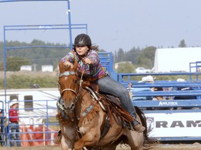 Hailey Crawford of Powassan competes in barrel racing at the 2018 Smoke 'N' Spurs Festival in Powassan. This year's event has been cancelled .Nugget File Photo