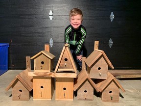 Noah Visser, 7, with some of his handmade birdhouses. The Plympton-Wyoming resident made and sold near 150 of them while off school during the pandemic.