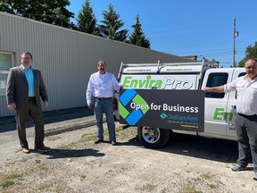 EnviraPro founders Kevin McKim, centre, and Brent DeNure, right, are shown with Chatham-Kent Mayor Darrin Canniff, left. The company started in the midst of the COVID-19 pandemic to provide disinfectant services for businesses. (Handout/Postmedia Network)