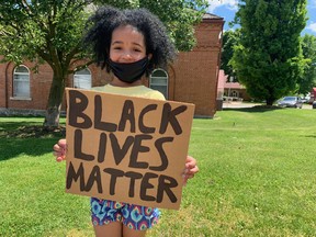 Five-year-old Etta Luya was one of the youngest members at the Black Lives Matter protest in downtown Simcoe on June 11. Ashley Taylor
