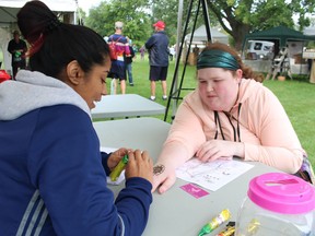 Polly Singh creates a henna tattoo for Shelby Emery during the 2018 Art in the Park, held in Mike Weir Park in Sarnia's Bright's Grove. File photo/Postmedia Network