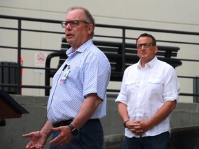 LWDH CEO Ray Racette speaks at a funding announcement outside the hospital as Kenora-Rainy River MPP Greg Rickford stands in the background Monday, June 15.