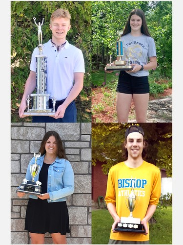 Senior athletes from Bishop Smith are showing off their hardware (top from left) top male Andrew Plazek, top female Kaitlyn Bourgeois, and for their leadership and dedication (bottom from left) top senior female Arianna Dunlay and top senior male Noah Russell.