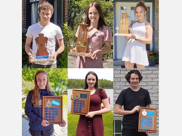 Junior athletes were recognized for their athletic achievements (top from left) top junior male Hunter Selle, top junior females Brooklyn Mulvihill and Claire Edmonds, and for their enthusiasm and dedication (bottom from left) Mackenzie Summers, Sydney Vincent and Rian Dowd.