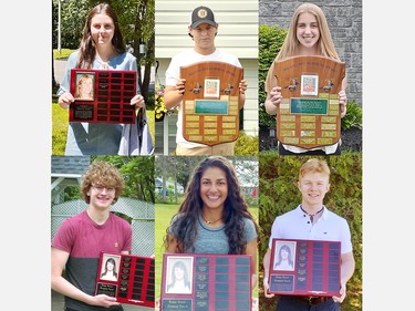 A number of memorial awards were presented during the Bishop Smith athletic banquet. The recipients were (top from left) Elizabeth Kelly, Julie Moon Student Athletic Council Memorial Award; Cameron Chiasson and Kaitlyn Weatherbee, Michael Roy Memorial Award and (bottom from left) Adam Gdaniec, Tara Bradley and Andrew Plazek, Robyn Gravel Memorial Award. Submitted photos