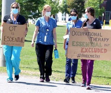 Hospital workers before a demonstration about pandemic pay premiums near Sault Area Hospital on Wednesday, June 17, 2020. (BRIAN KELLY/THE SAULT STAR/POSTMEDIA NETWORK)