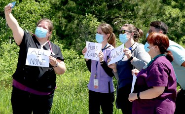 Demonstration about pandemic pay premiums near Sault Area Hospital on Wednesday, June 17, 2020. (BRIAN KELLY/THE SAULT STAR/POSTMEDIA NETWORK)