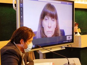 Toronto lawyer Jill Doughtery, acting on behalf of Dr. Shanker Nesathurai, Norfolk and Haldimand’s medical officer of health, appears at a meeting Tuesday of Norfolk and Haldimand’s board of health via video link. At left is Simcoe Coun. Ryan Taylor, a member of the counties’ board of health. – Monte Sonnenberg photo