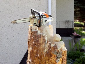 Kelly Davies' chainsaw sits idle at a home in Stony Plain Thursday, June 11, 2020. The seasoned wood and ice carver from Sherwood Park was in town to work on a project.