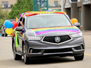 The traditional pride flag adorned many vehicles.