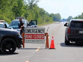 OPP checkpoints were set up at multiple areas near Stony Point because of a structure fire on Friday June 19, 2020 in Lambton Shores, Ont. Terry Bridge/Sarnia Observer/Postmedia Network