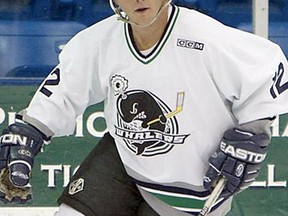 JD Eaton dons a Plymouth Whalers uniform for an alumni game.