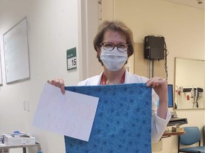 A grateful recipient of the Bags for Frontlines at the Alberta Children's Hospital in Calgary. The hospital had requested 200 scrub bags for doctors and nurses. Photo submitted.