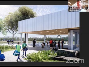 A view from the proposed veranda of the new West Ferris community centre is shown during a presentation to North Bay council, Tuesday, by MacLennan Jaunkalns Miller Architects Ltd. senior associate Marc Downing. Screenshot