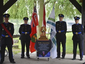 Oxford County paramedics honoured the Paramedic Memorial Bell in a ceremony Tuesday morning in Southside Park as a means of remembering paramedics who have died in service. The annual Paramedic Ride was cancelled this year because of the pandemic, but Oxford County paramedics toured the bell through the county Monday on a 100 kilometre ride in honour of their fallen colleagues. (Kathleen Saylors/Woodstock Sentinel-Review)