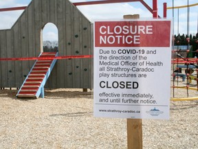 Playground equipment throughout Strathroy-Caradoc remains taped off, even as the community enters Stage 2 of Ontario's economic and societal reopening during the COVID-19 pandemic. Scott Nixon photo