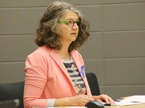 Heather Boonstra, executive director of the Families First Society, is retiring this year after more than 20 years with the organization; photographed in 2018 addressing City council. JEFF LABINE / THE RECORD