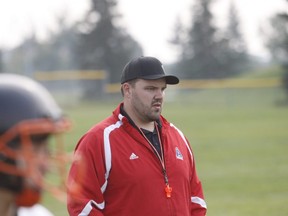 Grande Prairie Composite High School Warriors football head coach Travis Miller at summer practice back in August of 2018. Currently, with the coronavirus shutting down the physical aspect of high school football, teams across Alberta have reverted to virtual training to help their players get ready for a high school football season that may or may not happen. Miller has found the virtual training to be a positive experience for coaching staff and players.