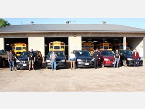 Employees from Pembrokes Valley Transportation (from left) Greg Sandrelli, Mike Sauve, Kevin Boldt, Ryan Sandrelli, Brad Thorbourne, Scot Sandrelli and Chuck Sandrelli were involved in deliveries of care packages of groceries and educational material to families with students in the Renfrew County District School Board.