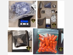 Members of the Ontario Provincial Police (OPP) East Region Community Street Crime Unit seized drugs in Pembroke and Renfrew on June 16 inlcuding purple fentanyl (top left), crystal meth (bottom left) and hydromorphone (bottom right). Two people are facing charges as a result of these seizures.