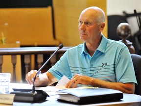 Willy VanHeugten and fellow members of the Norfolk Police Services Board heard the first appeal under Norfolk County’s new false alarm bylaw Wednesday at Governor Simcoe Square. That appeal was unsuccessful and the $200 fine stands. – Monte Sonnenberg photo