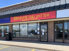 Binh's Nails and Spa at 500 Gardiners Rd. in Kingston, Ont., on Thursday, June 25, 2020.  The spa was closed after Kingston, Frontenac and Lennox and Addington Public Health announced there was a COVID-19 outbreak at the establishment. (Elliot Ferguson/The Whig-Standard/Postmedia Network)