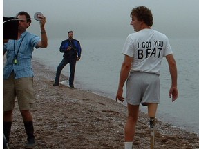 Hamilton, Ont., high school teacher Grant Darby prepares for a scene on the beach at Old Woman Bay in Lake Superior Provincial Park during the 2005 shooting of Terry. While Shawn Ashmore played the part of Terry Fox in
the film, Darby, is a world triathlon champion, took over the role in the actual running scenes. Ruth Fletcher