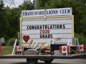 Members of the Thamesford Lions and the Thamesford Public School parents’ council staged a grad parade through the community Wednesday evening to celebrate this year’s graduates. (Kathleen Saylors/Woodstock Sentinel-Review)