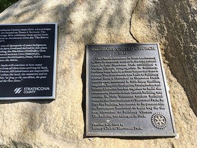 In partnership with the Salisbury United Church, Strathcona County recently installed Indigenous land acknowledgement plaques along the street north of Broadmoor Boulevard from the traffic circle to Baseline Road. Photo Supplied