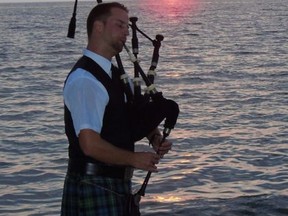 Owen Sound piper Michel Smith – seen in this 2018 photo – will resume a 16-year tradition of piping down the sun at the big flag in Southampton June 16 at dusk.